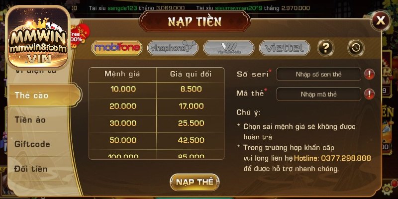 Hướng dẫn nạp tiền MMWIN - Thẻ cào